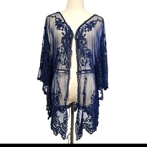 LIV LOS ANGELES Navy Blue 1X Embroidered Crochet Lace  Kimono Open Cardigan
